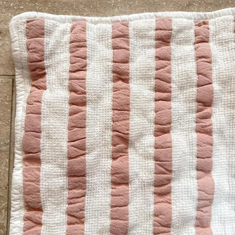 Crate & Barrel Organic Cotton Bedding Quilt set Pink White Waffle knit Striped